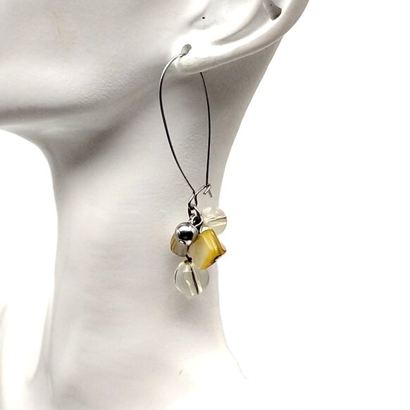 Artisan Clear Glass Bead & MOP Shell Cluster Dangle Earrings with Latch Wires - Picture 3 of 13